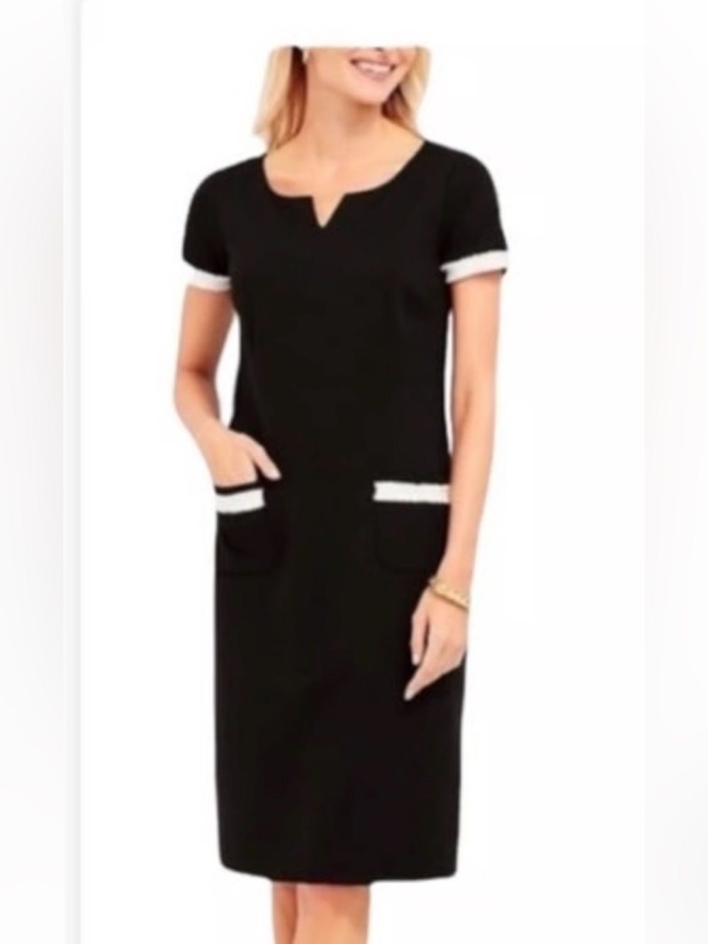 Talbots Black Ponte Shift Dress Split Neckline with Textured Fringe Accent
